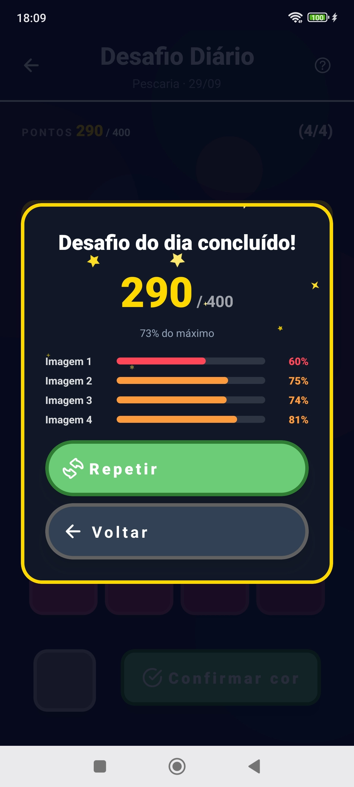 Tela de fim de desafio com 290 de 400 pontos e os acertos por imagem