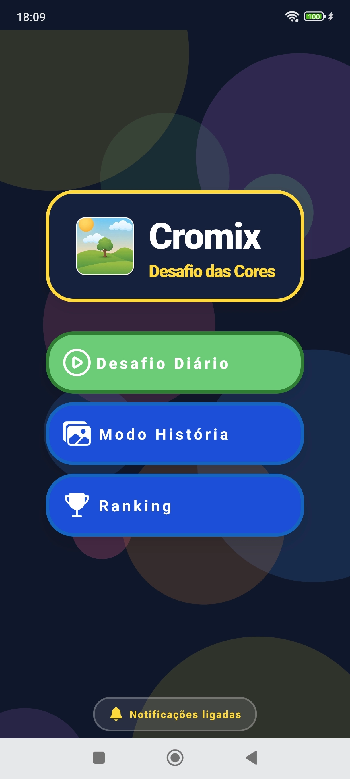 Tela inicial do Cromix com os botões Desafio Diário, Modo História e Ranking