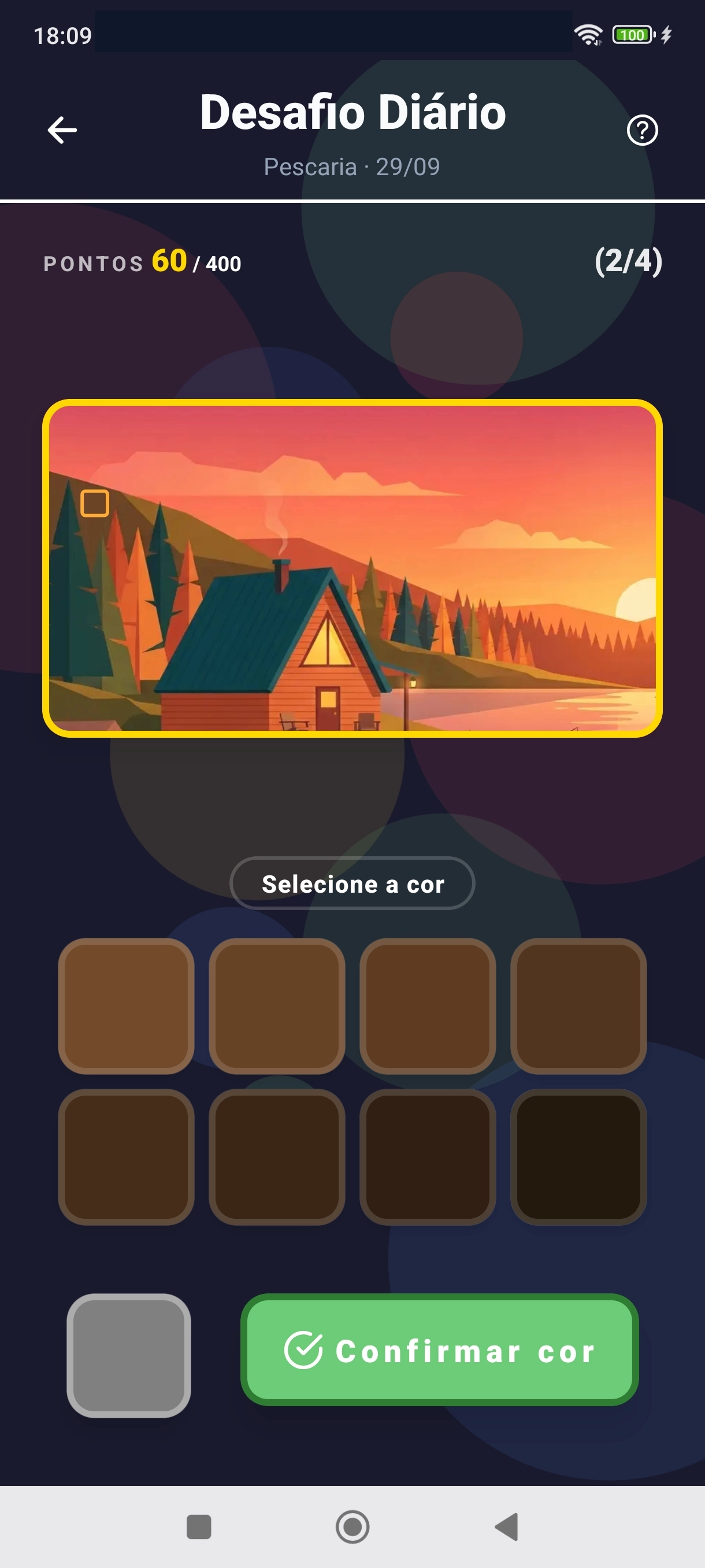 Tela do jogo com oito quadrados de cores parecidas para escolher