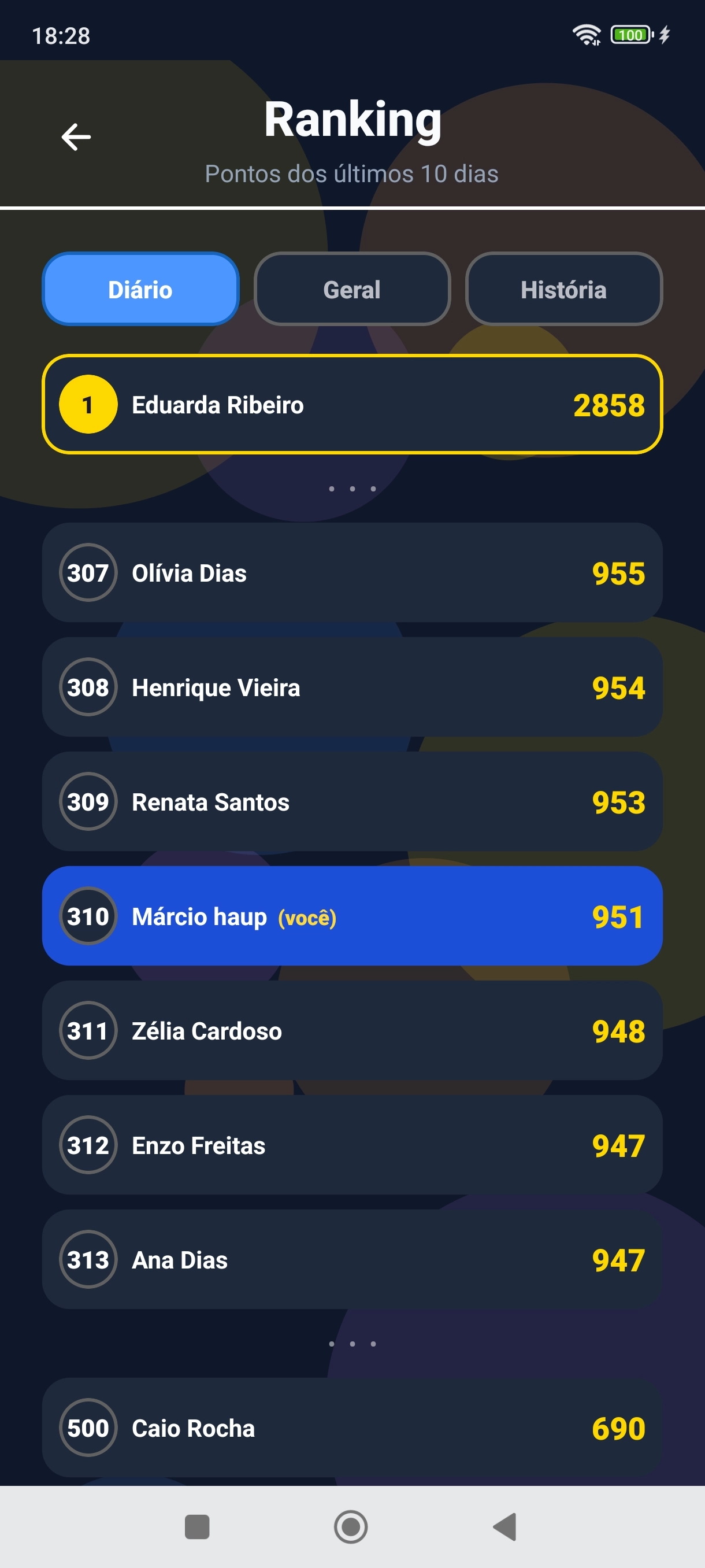 Tela de ranking com as abas Diário, Geral e História